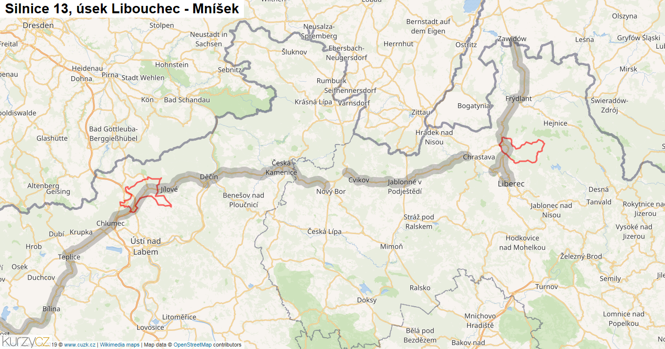 Úsek Libouchec - Mníšek, Silnice 13 - Mapa