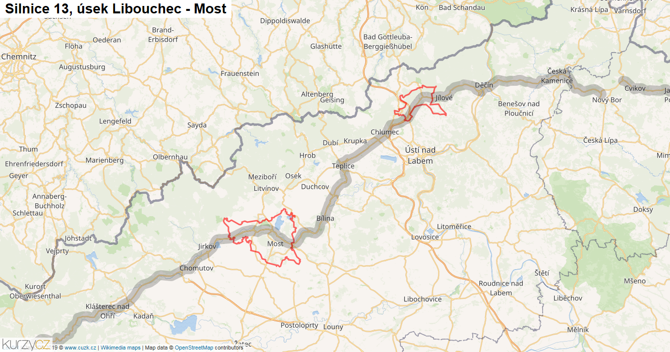 Úsek Libouchec - Most, Silnice 13 - Mapa