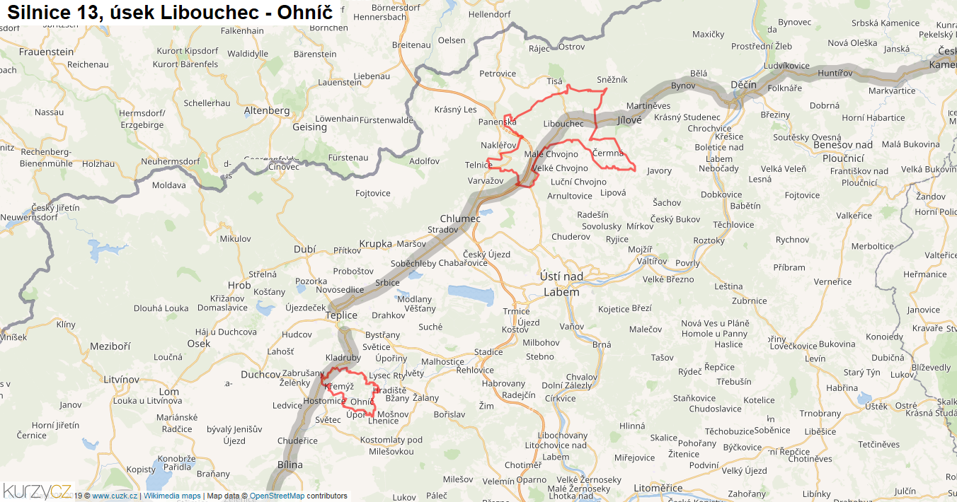 Úsek Libouchec - Ohníč, Silnice 13 - Mapa