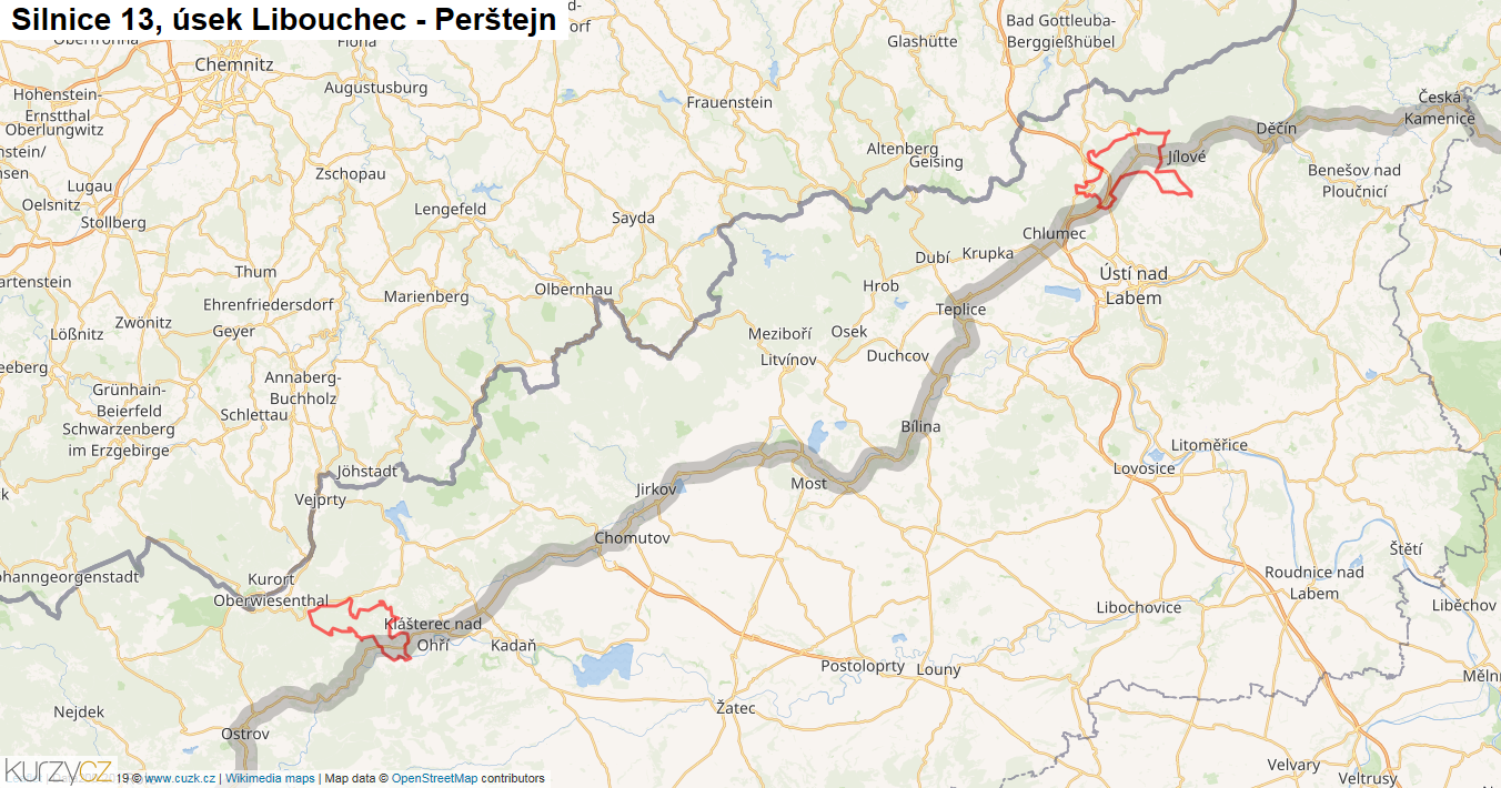 Úsek Libouchec - Perštejn, Silnice 13 - Mapa