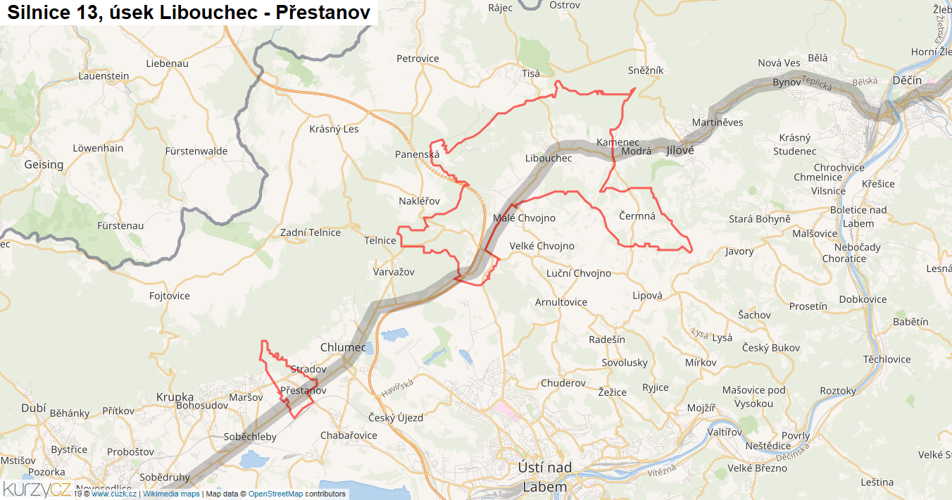 Úsek Libouchec - Přestanov, Silnice 13 - Mapa