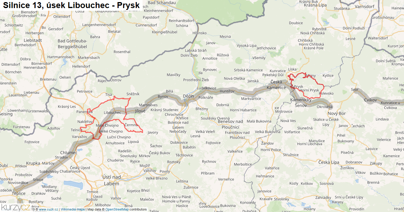 Úsek Libouchec - Prysk, Silnice 13 - Mapa