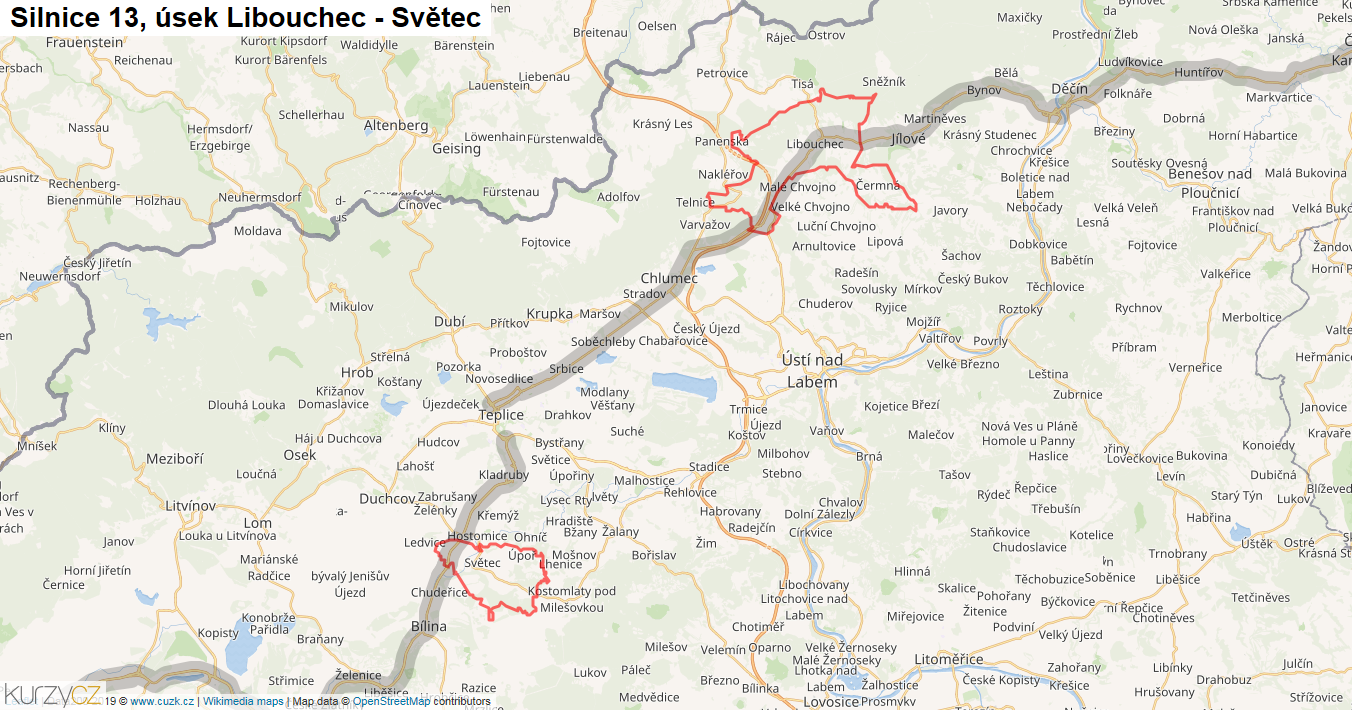 Úsek Libouchec - Světec, Silnice 13 - Mapa