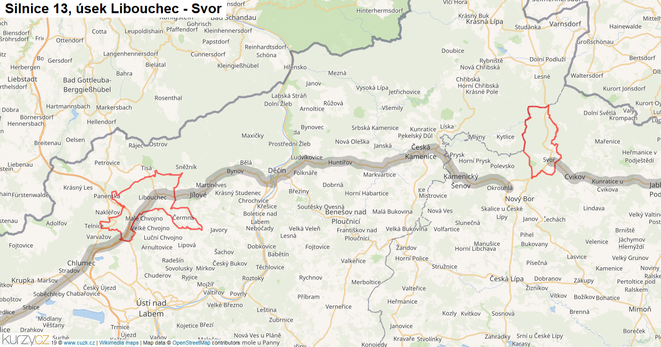 Úsek Libouchec - Svor, Silnice 13 - Mapa