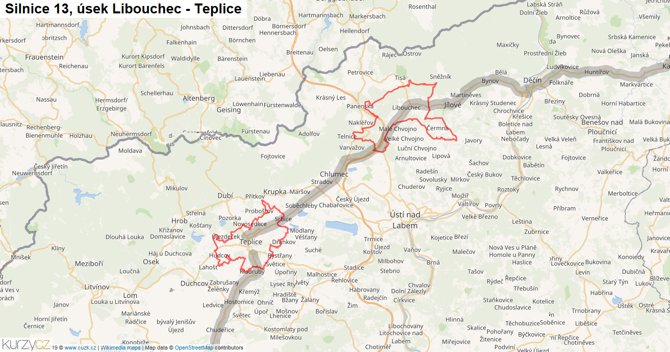 Úsek Libouchec - Teplice, Silnice 13 - Mapa