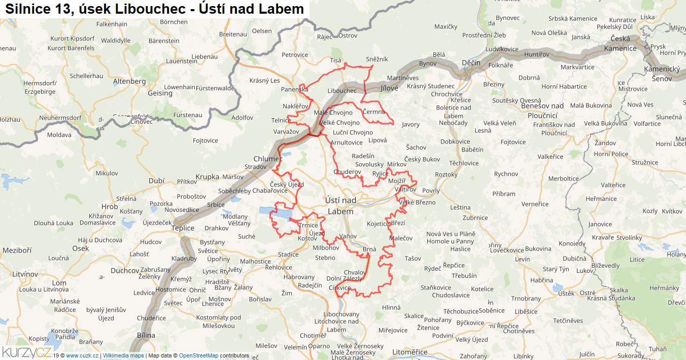 Úsek Libouchec - Ústí nad Labem, Silnice 13 - Mapa