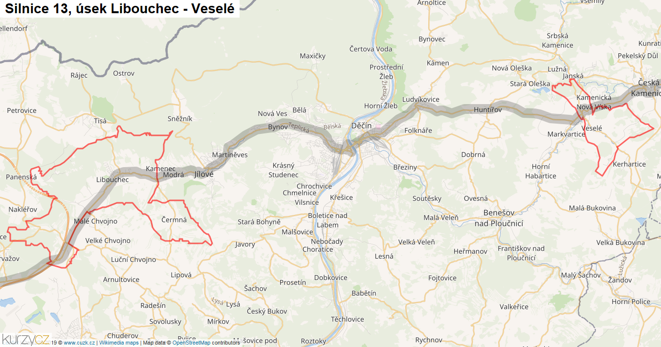 Úsek Libouchec - Veselé, Silnice 13 - Mapa