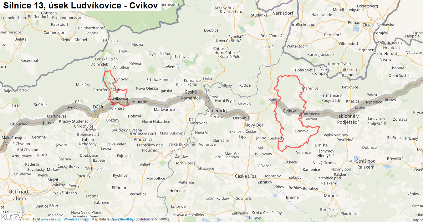 Úsek Ludvíkovice - Cvikov, Silnice 13 - Mapa
