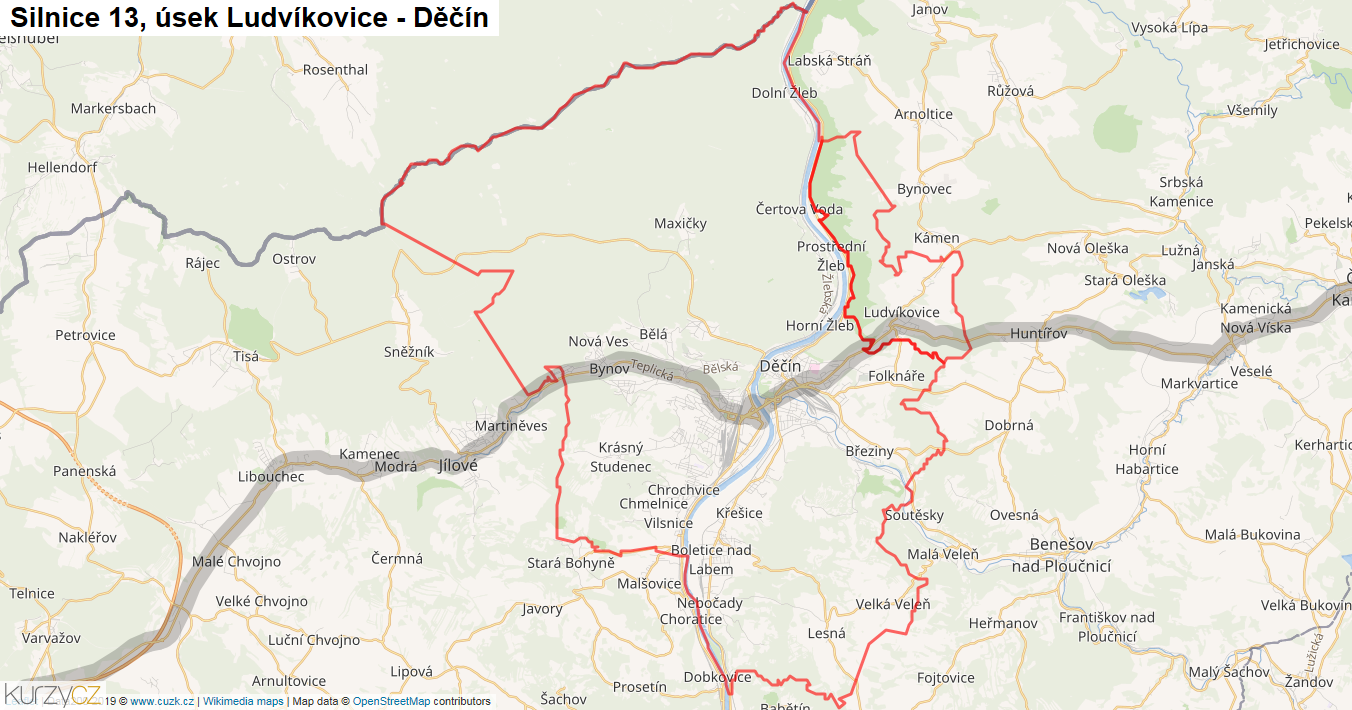 Úsek Ludvíkovice - Děčín, Silnice 13 - Mapa