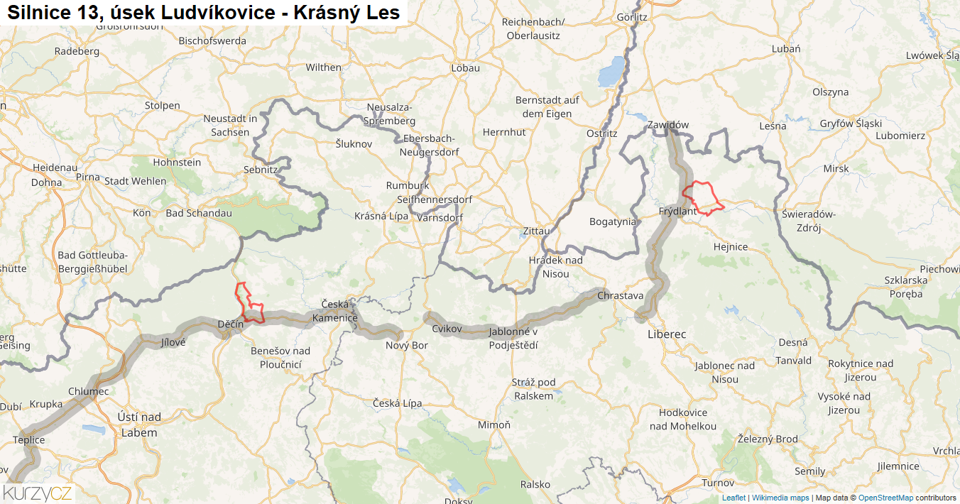 Úsek Ludvíkovice - Krásný Les, Silnice 13 - Mapa