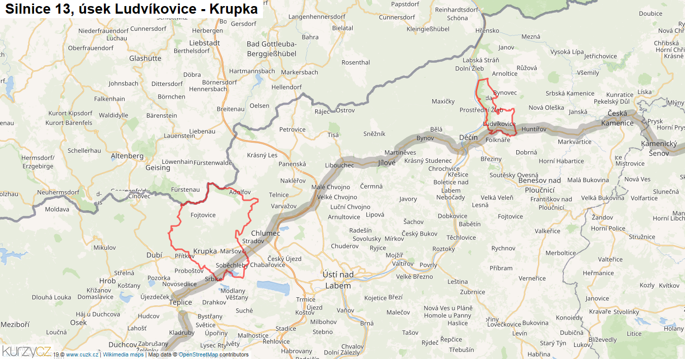 Úsek Ludvíkovice - Krupka, Silnice 13 - Mapa