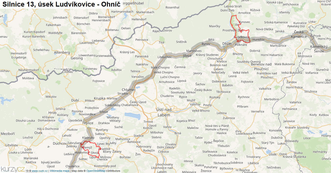 Úsek Ludvíkovice - Ohníč, Silnice 13 - Mapa