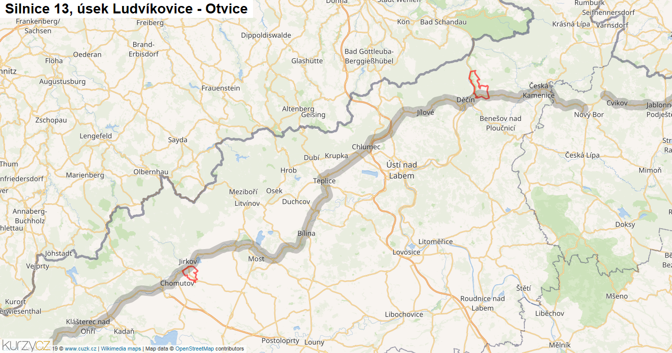 Úsek Ludvíkovice - Otvice, Silnice 13 - Mapa