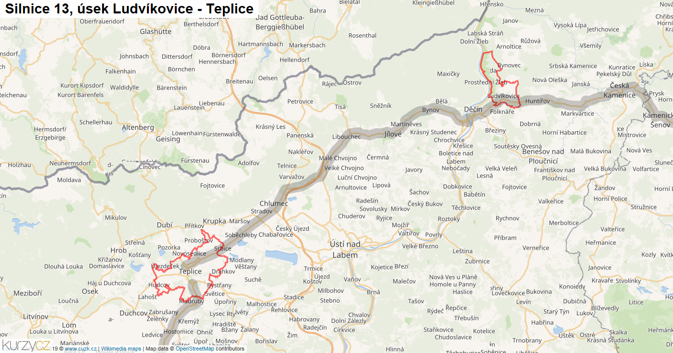 Úsek Ludvíkovice - Teplice, Silnice 13 - Mapa