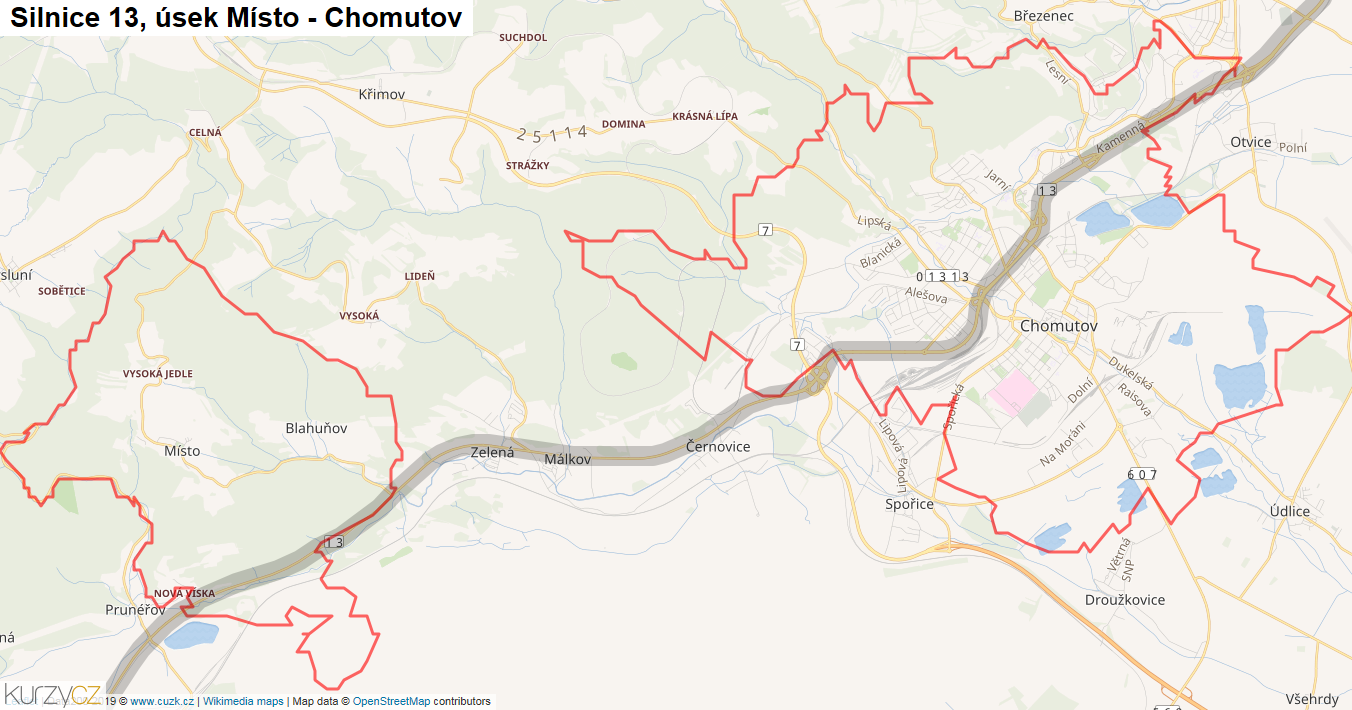 Úsek Místo - Chomutov, Silnice 13 - Mapa