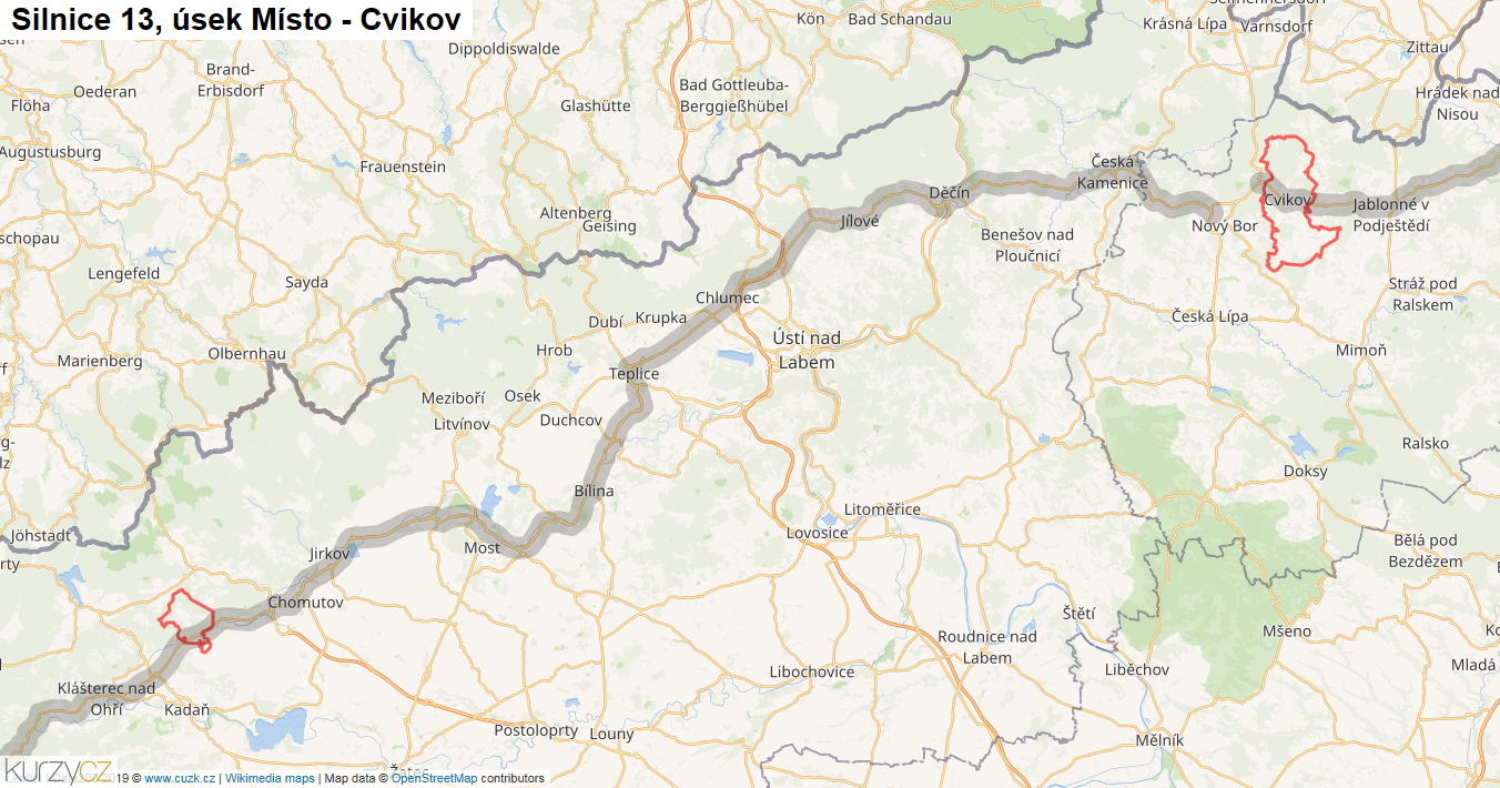 Úsek Místo - Cvikov, Silnice 13 - Mapa