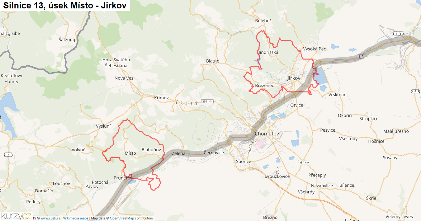 Úsek Místo - Jirkov, Silnice 13 - Mapa