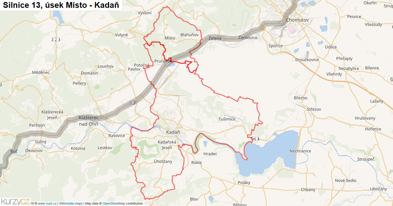 Úsek Místo - Kadaň, Silnice 13 - Mapa