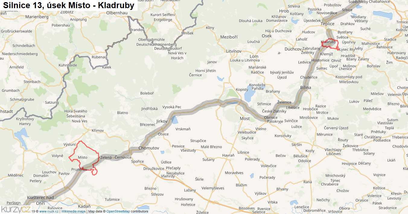 Úsek Místo - Kladruby, Silnice 13 - Mapa
