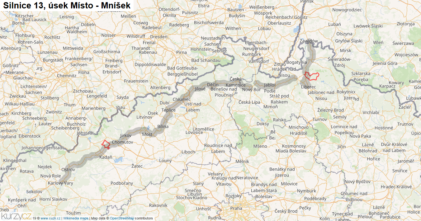 Úsek Místo - Mníšek, Silnice 13 - Mapa