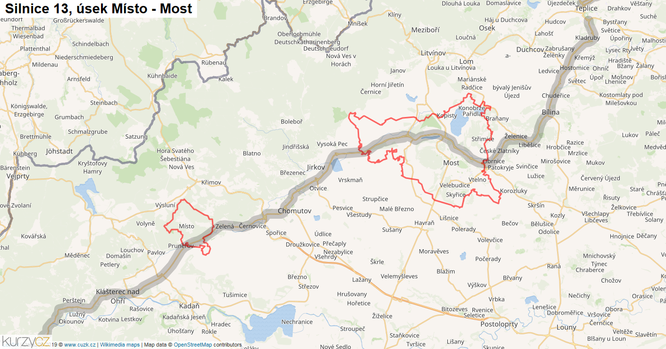 Úsek Místo - Most, Silnice 13 - Mapa