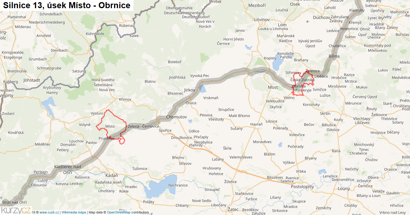 Úsek Místo - Obrnice, Silnice 13 - Mapa