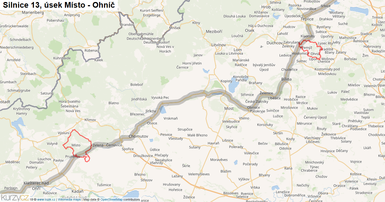 Úsek Místo - Ohníč, Silnice 13 - Mapa