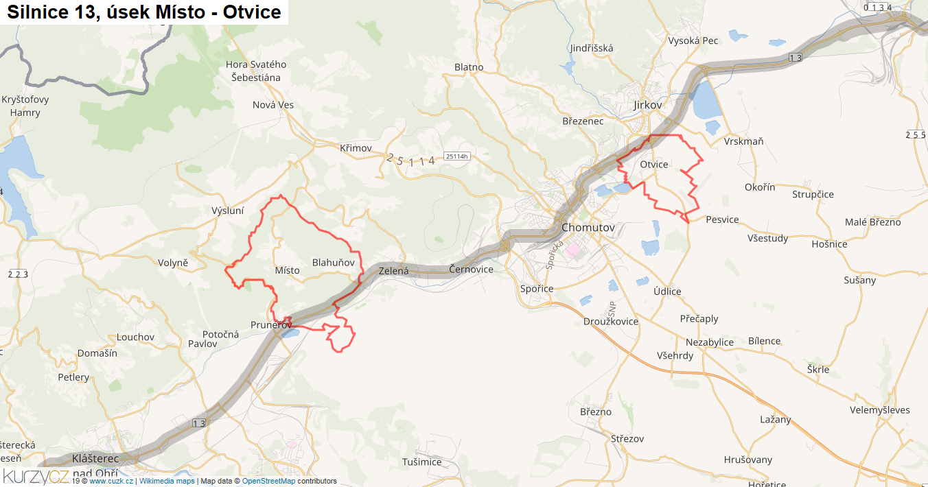 Úsek Místo - Otvice, Silnice 13 - Mapa