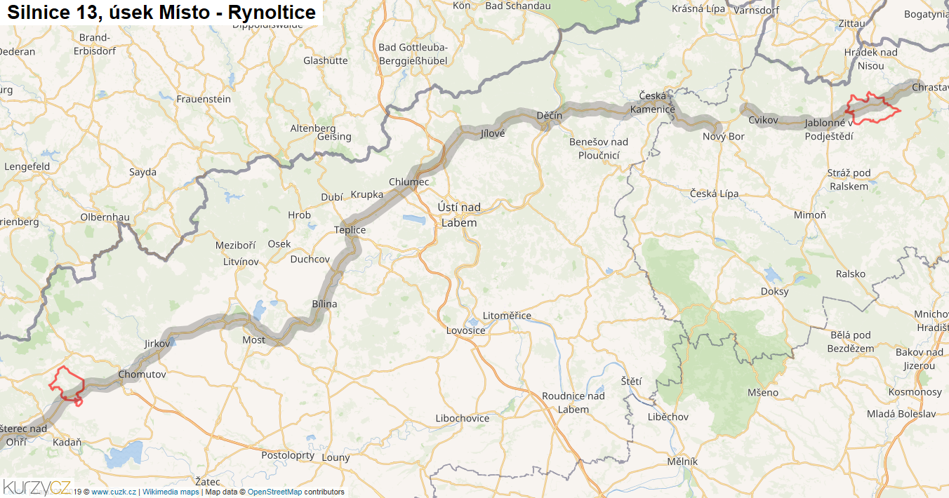 Úsek Místo - Rynoltice, Silnice 13 - Mapa