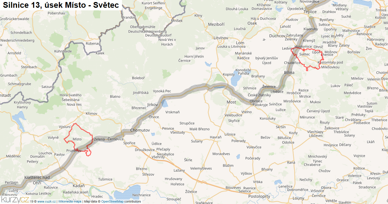 Úsek Místo - Světec, Silnice 13 - Mapa