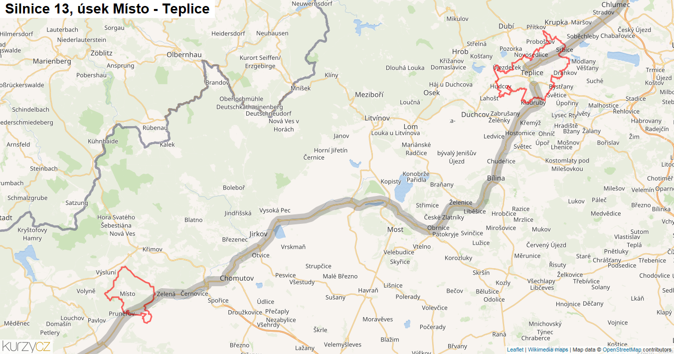 Úsek Místo - Teplice, Silnice 13 - Mapa