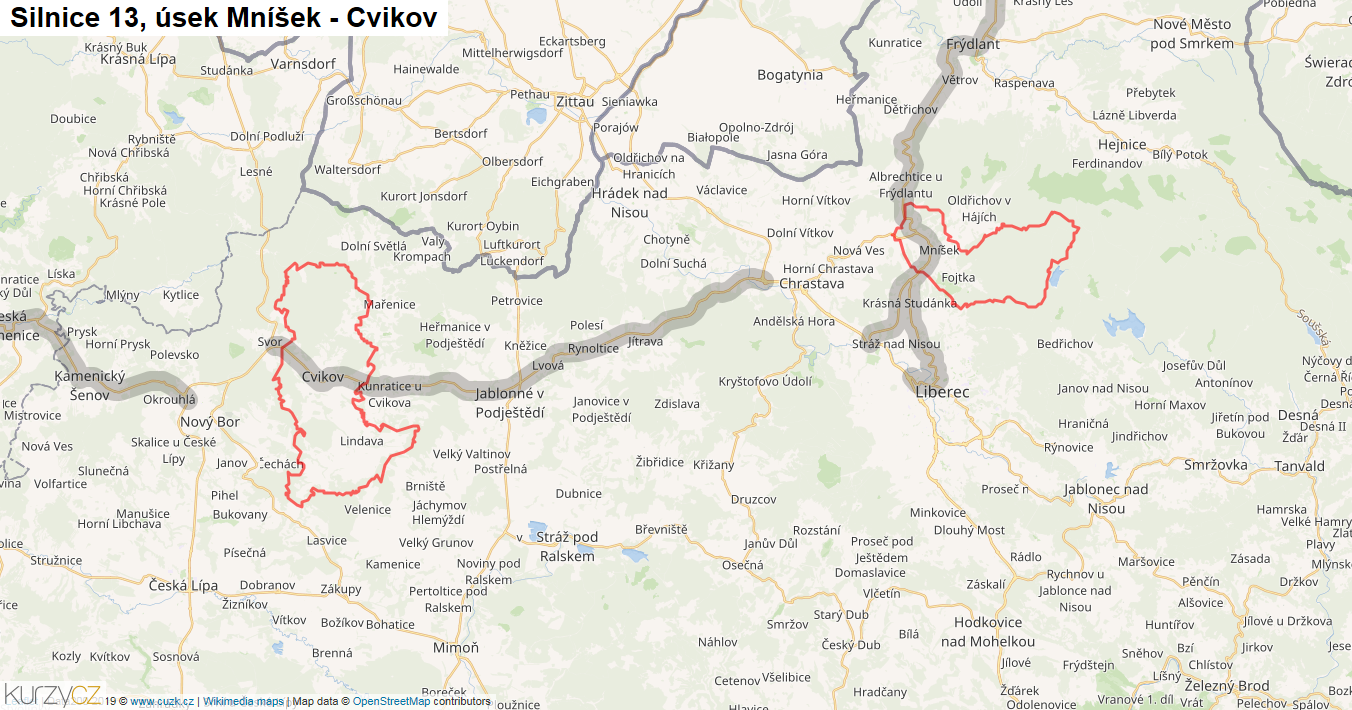 Úsek Mníšek - Cvikov, Silnice 13 - Mapa