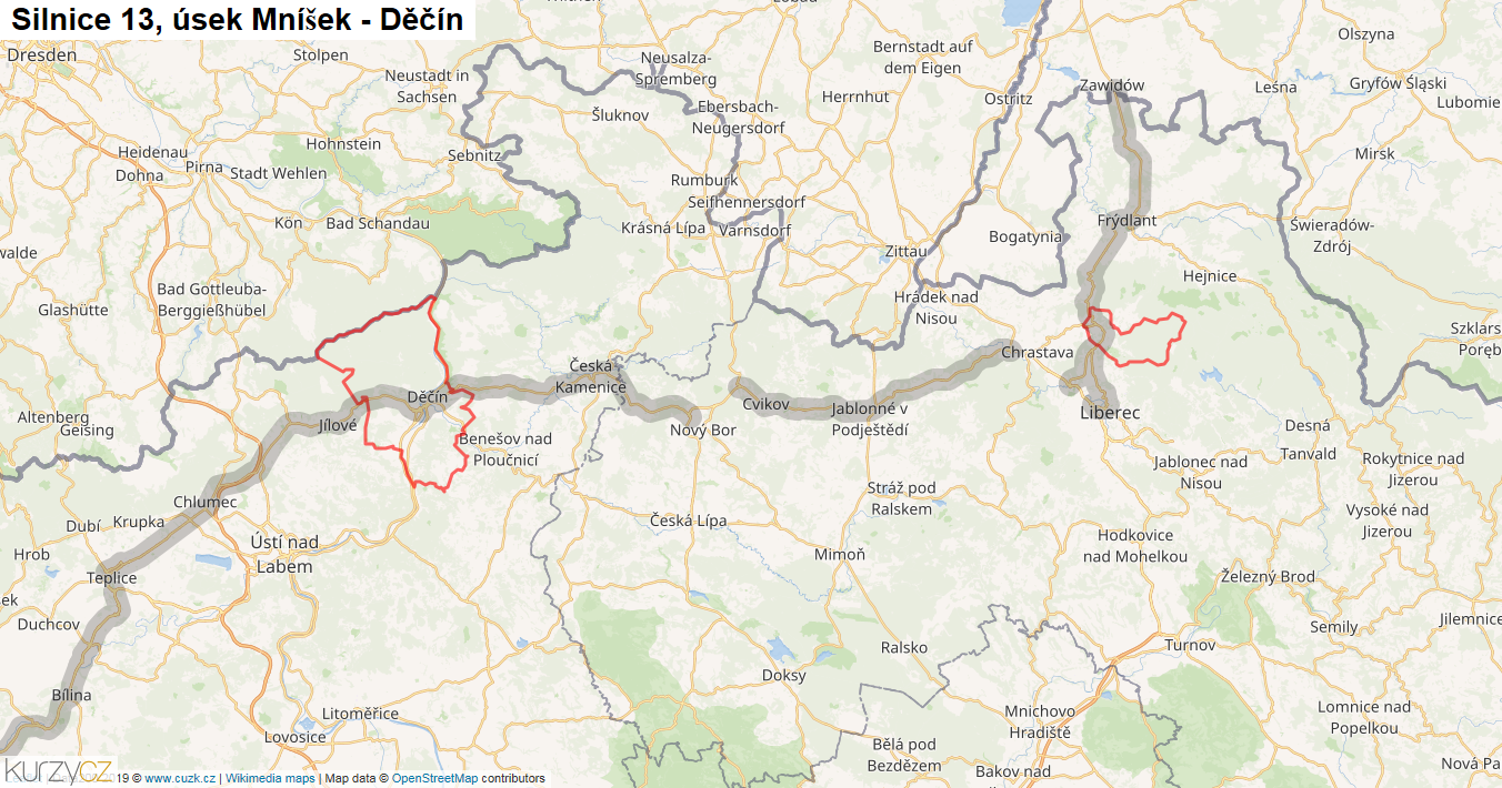 Úsek Mníšek - Děčín, Silnice 13 - Mapa