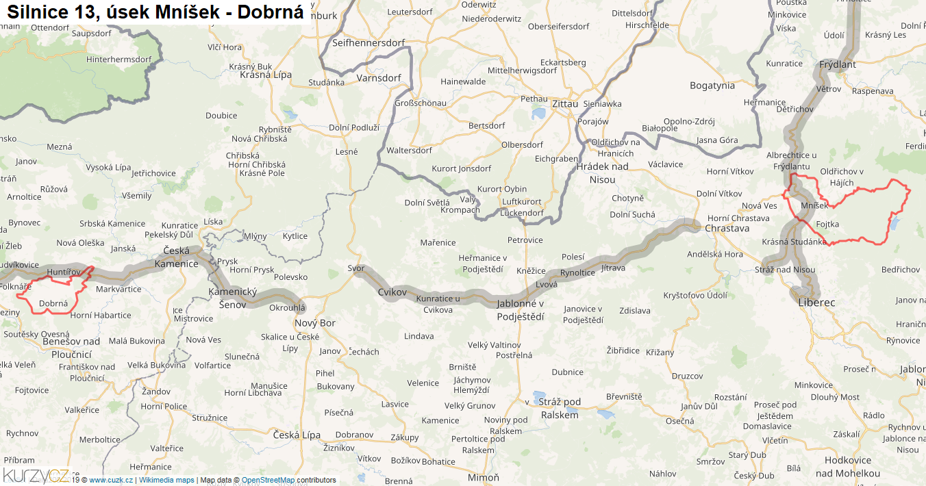 Úsek Mníšek - Dobrná, Silnice 13 - Mapa