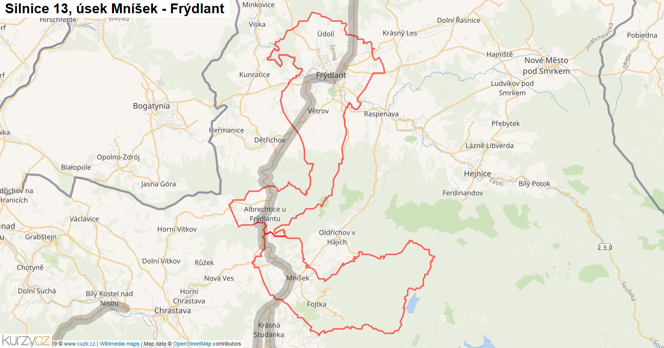 Úsek Mníšek - Frýdlant, Silnice 13 - Mapa