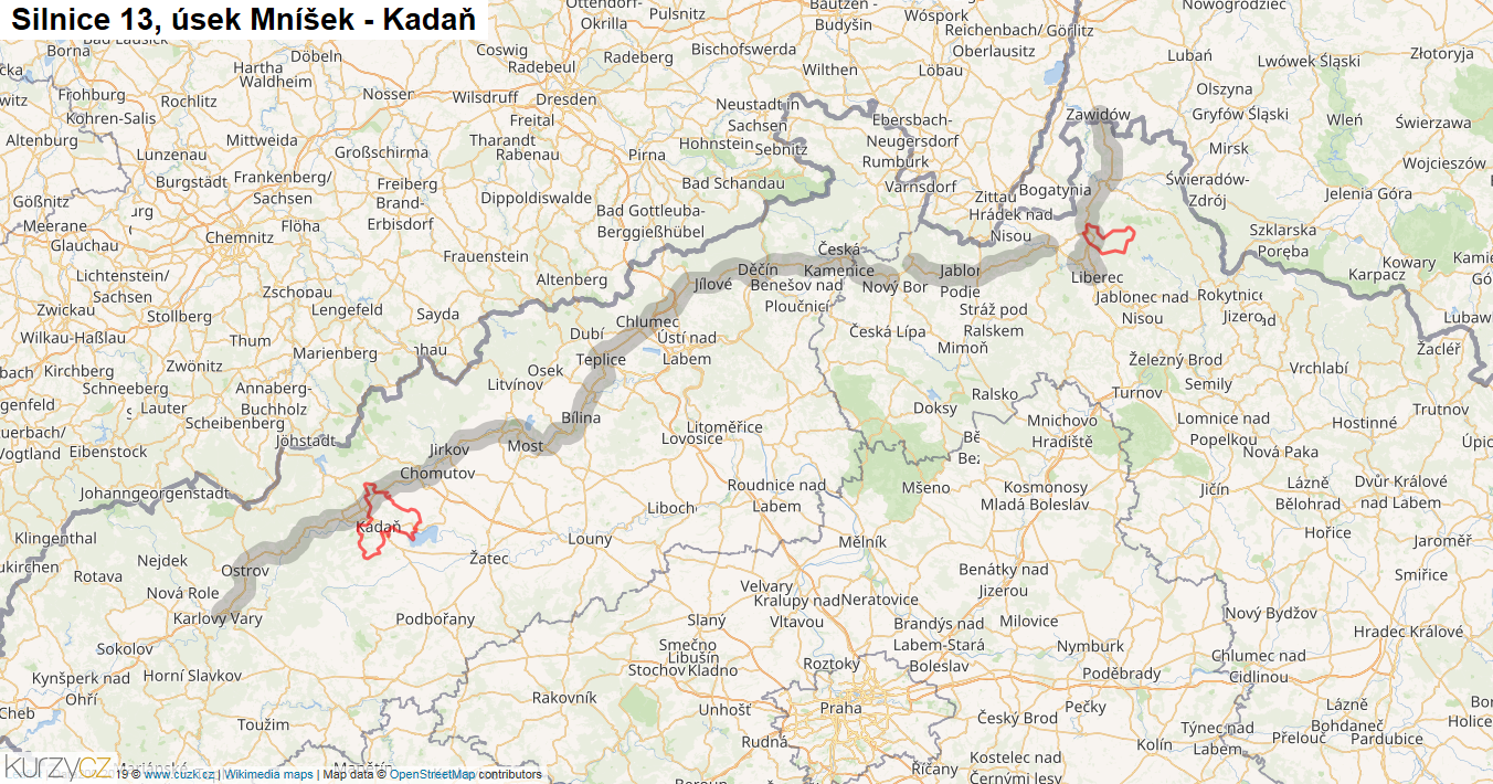 Úsek Mníšek - Kadaň, Silnice 13 - Mapa