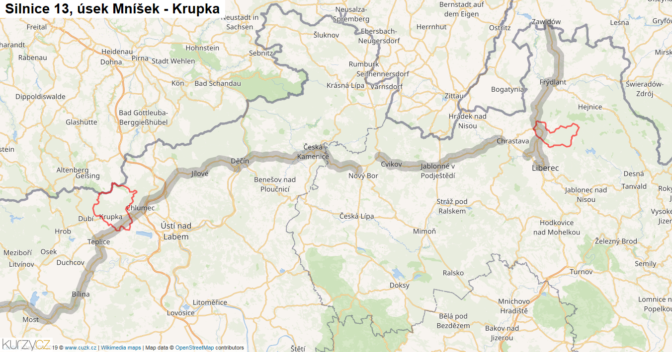 Úsek Mníšek - Krupka, Silnice 13 - Mapa