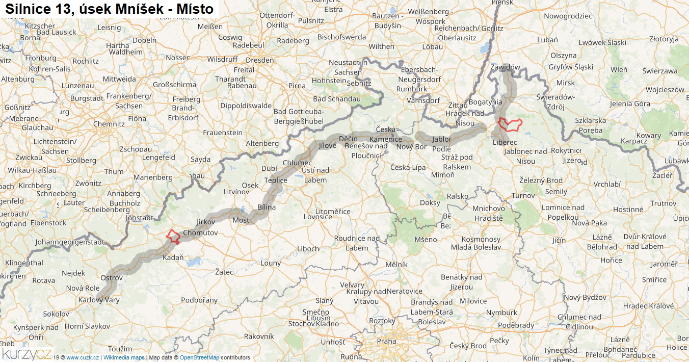 Úsek Mníšek - Místo, Silnice 13 - Mapa