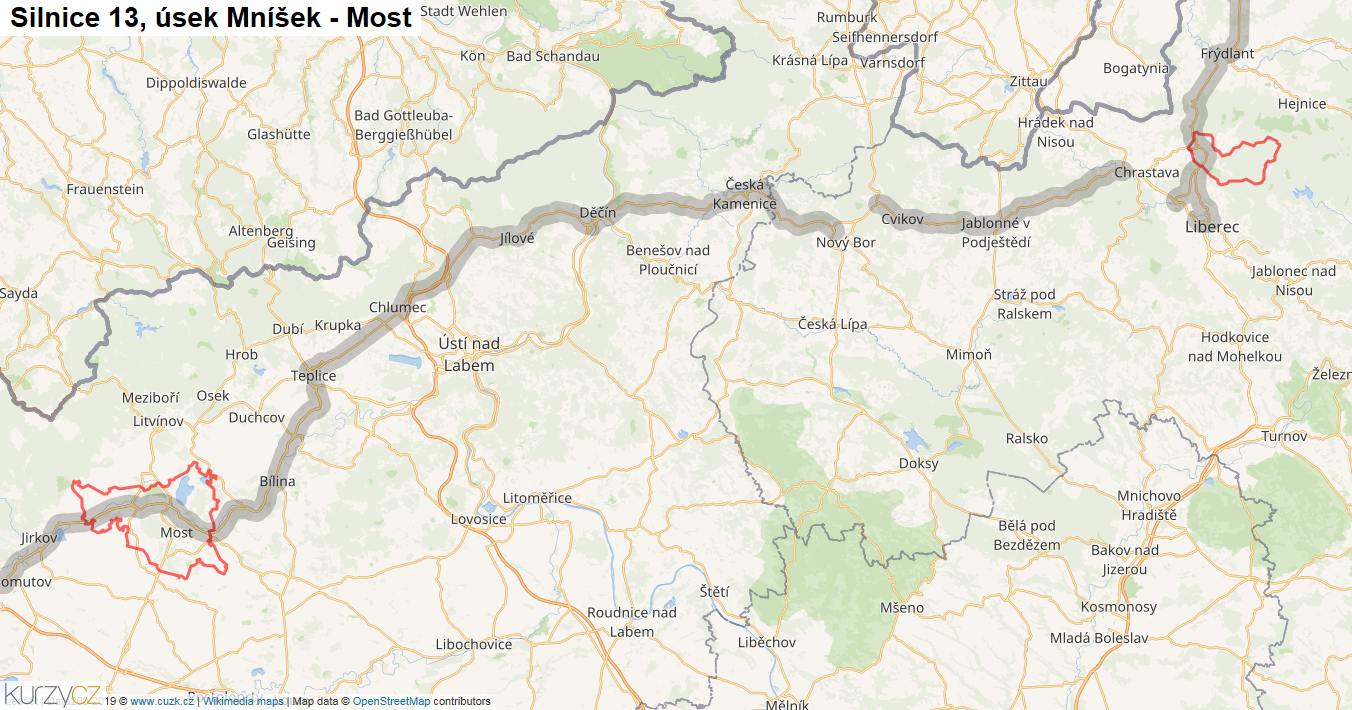 Úsek Mníšek - Most, Silnice 13 - Mapa