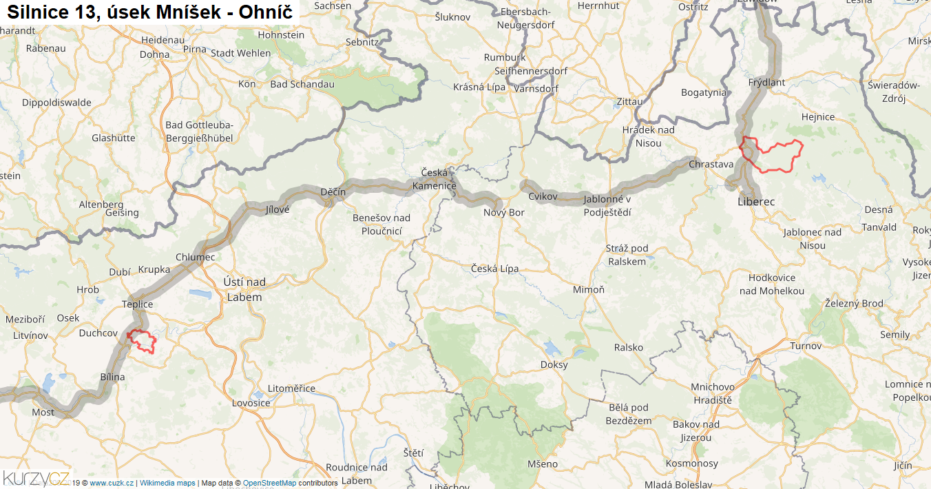 Úsek Mníšek - Ohníč, Silnice 13 - Mapa