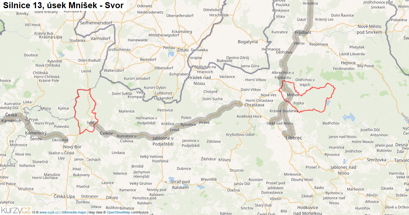 Úsek Mníšek - Svor, Silnice 13 - Mapa