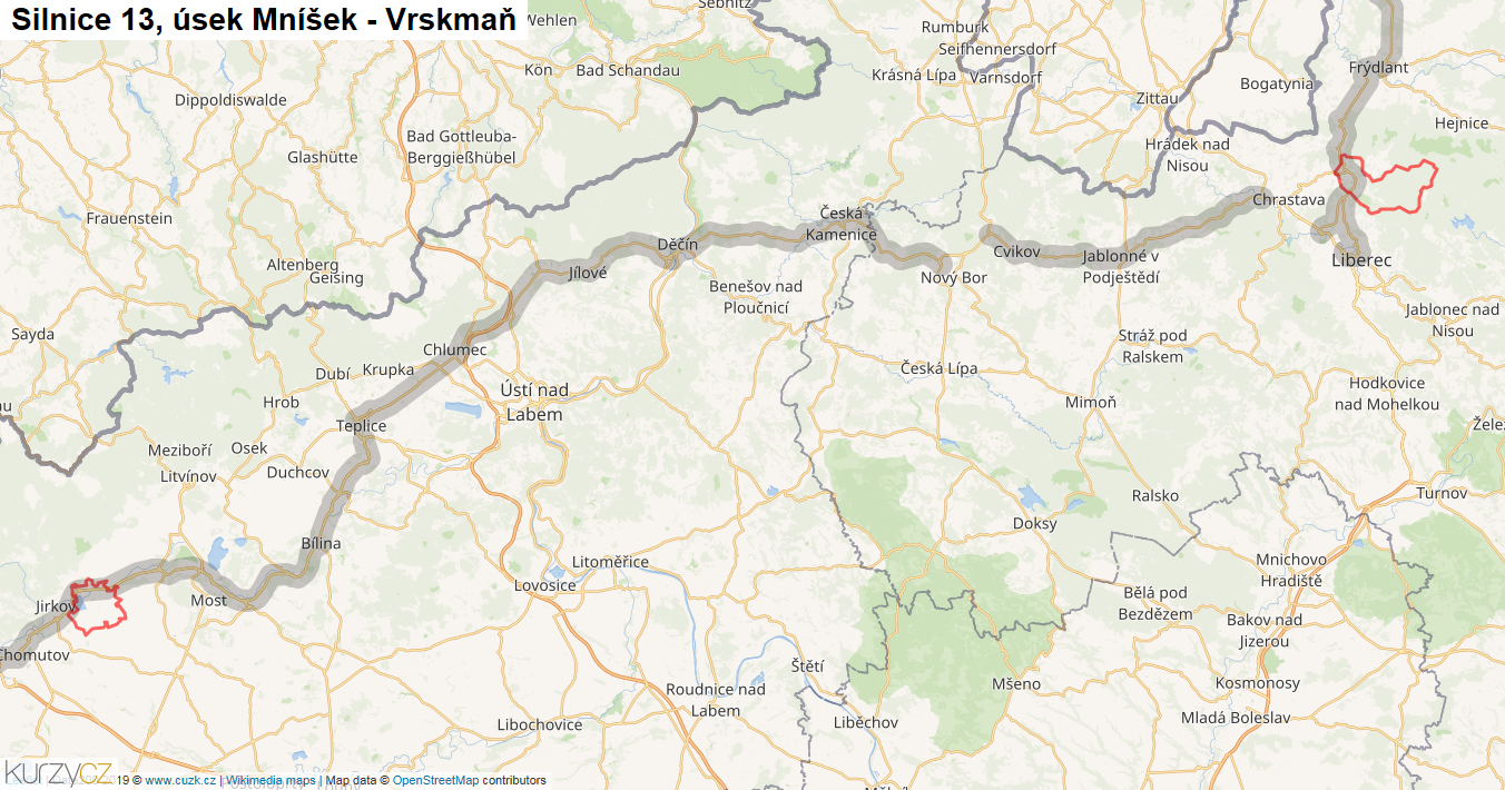Úsek Mníšek - Vrskmaň, Silnice 13 - Mapa