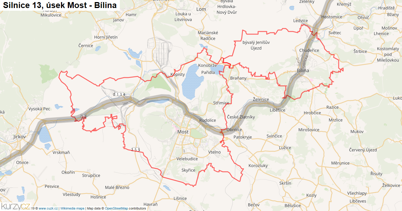 Úsek Most - Bílina, Silnice 13 - Mapa