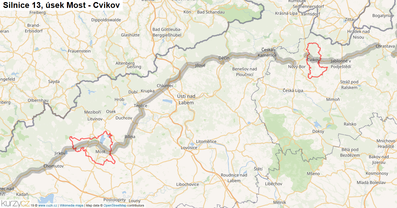 Úsek Most - Cvikov, Silnice 13 - Mapa
