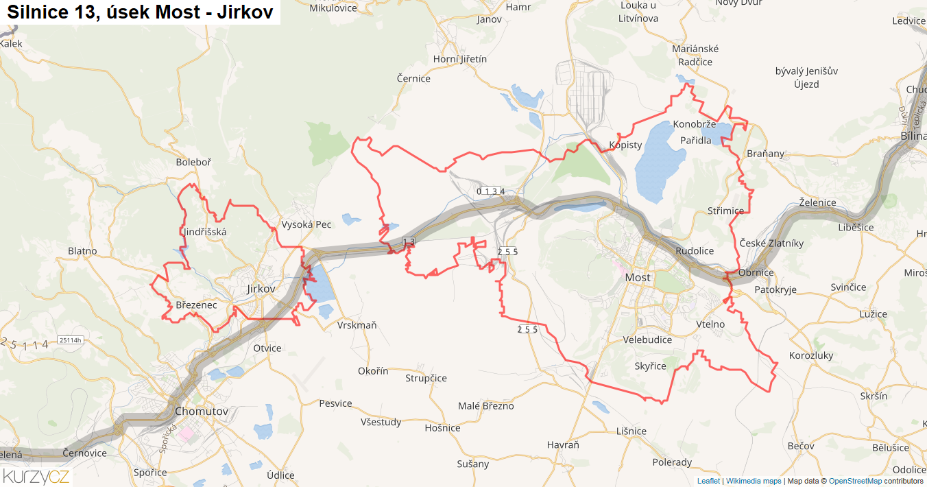 Úsek Most - Jirkov, Silnice 13 - Mapa