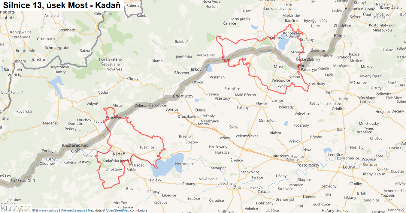 Úsek Most - Kadaň, Silnice 13 - Mapa