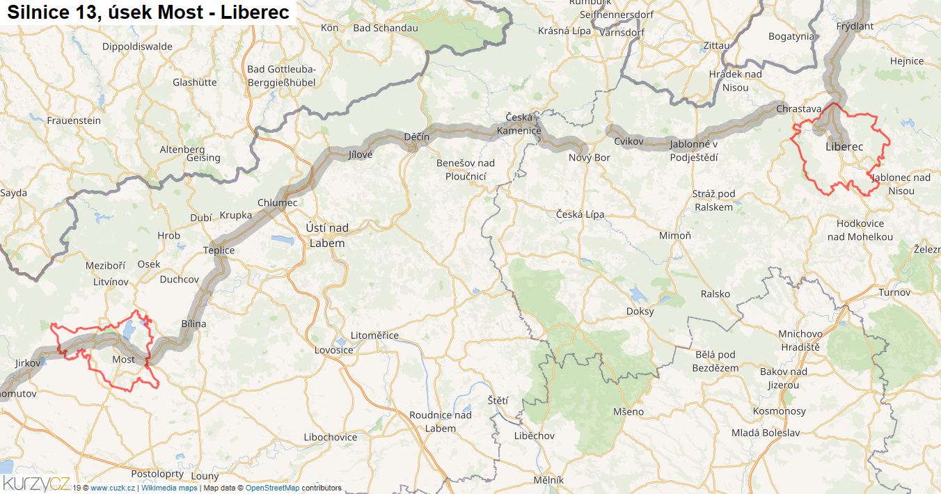 Úsek Most - Liberec, Silnice 13 - Mapa