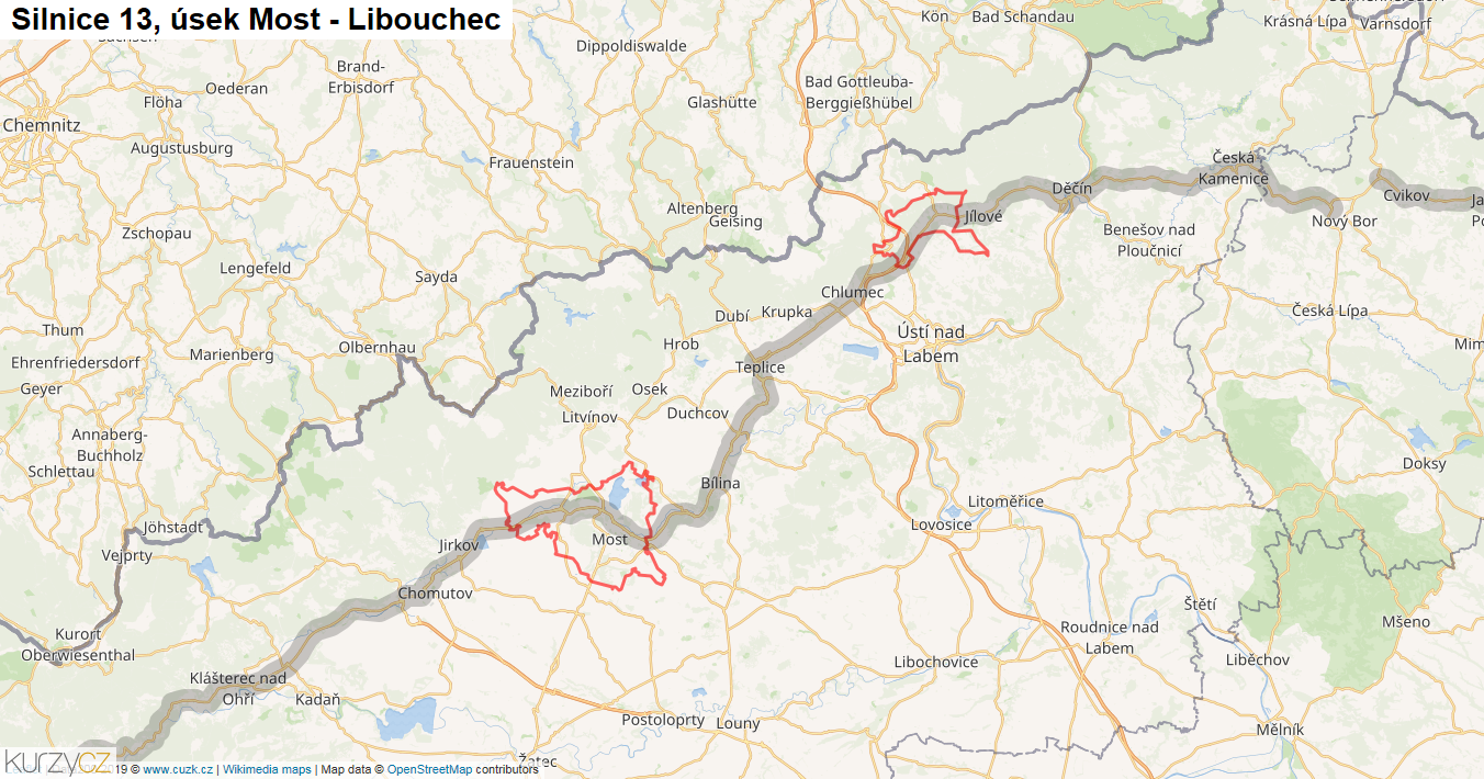 Úsek Most - Libouchec, Silnice 13 - Mapa
