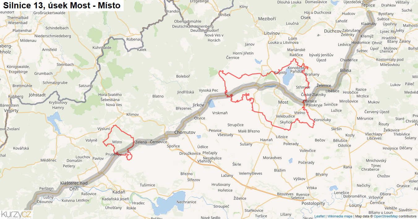 Úsek Most - Místo, Silnice 13 - Mapa