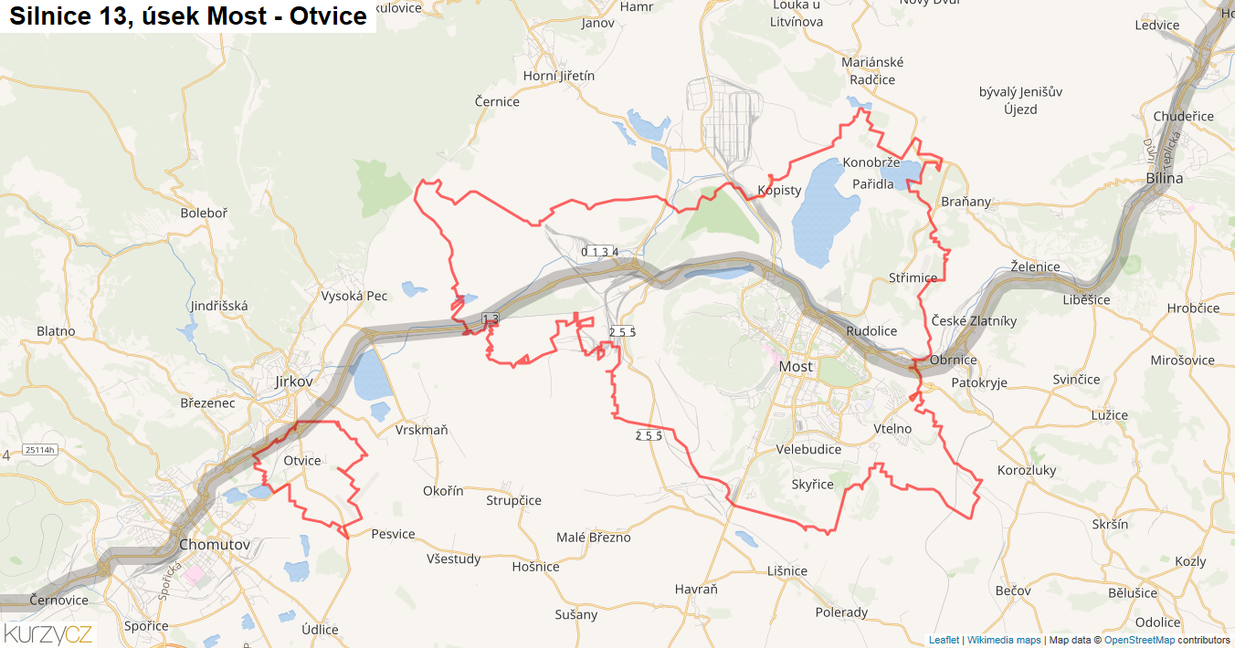Úsek Most - Otvice, Silnice 13 - Mapa